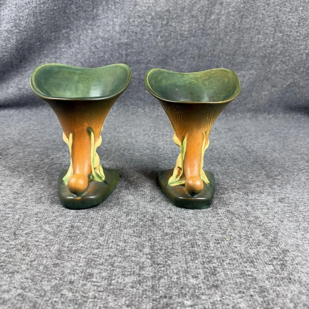 Vintage Roseville‎ Zephyr Lily Green USA Pottery Cornucopia Vases 203-6 Pair